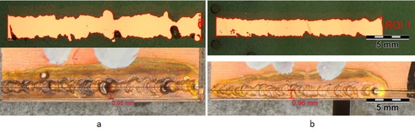 Kupfer schweißen: Schliffbilder einer Durchschweißung ohne (a) und mit Strahloszillation (b).