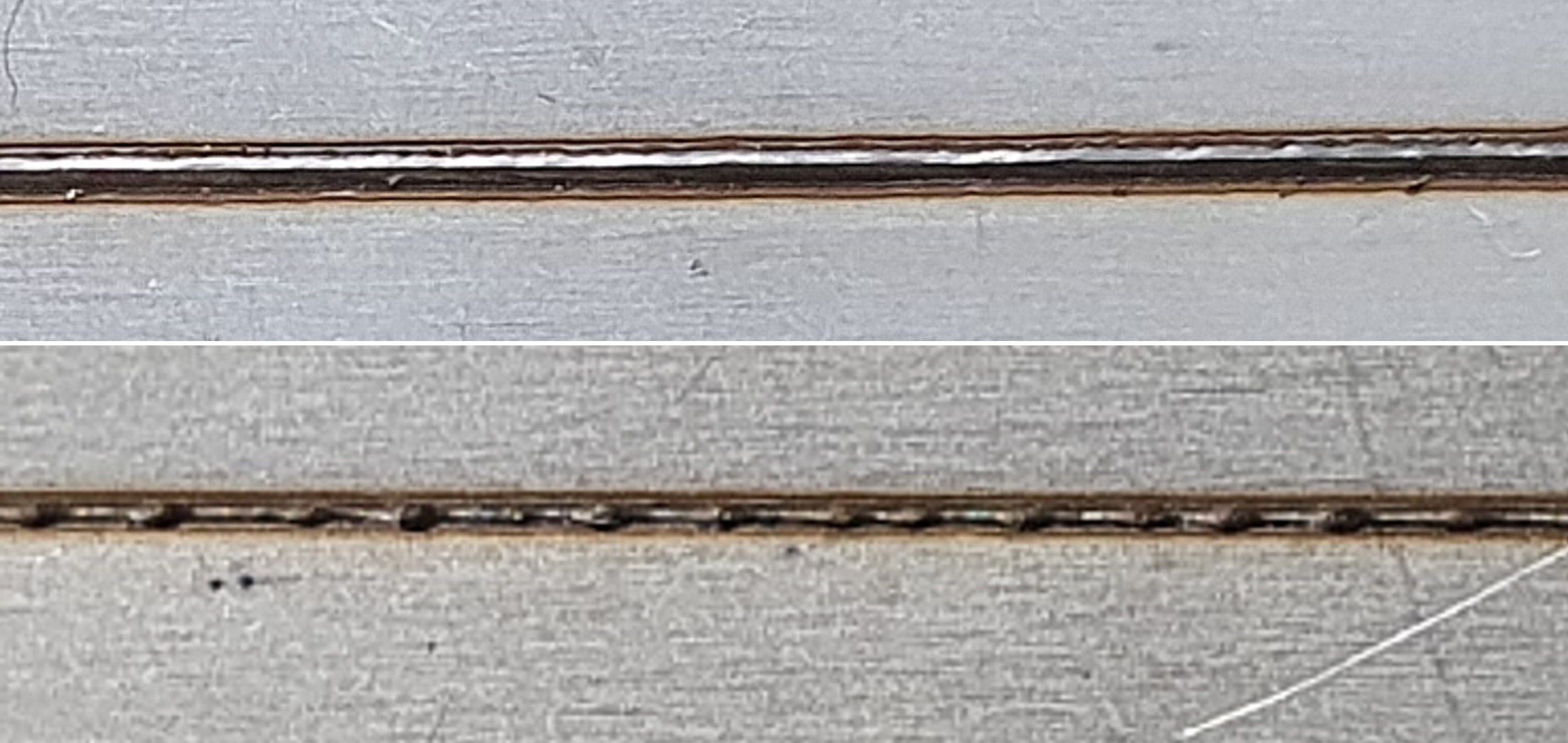 Laser welding in steel at 180 and 80 µm spot diameter and the same speed, humping effect of the smaller beam focus.