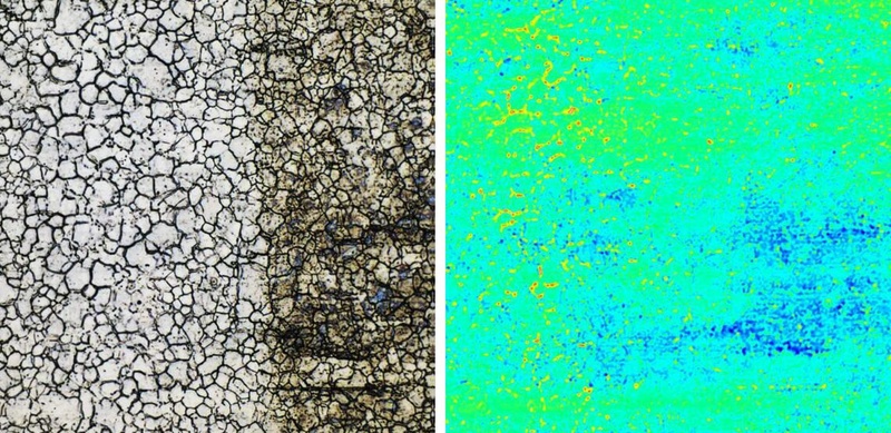 Partially laser-cleaned surface (left), where the base material is not removed (confocal false-colour image, right).