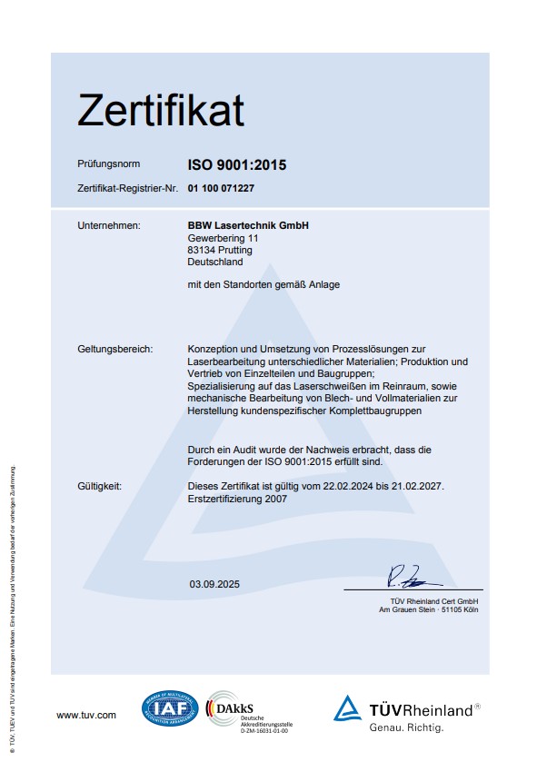 ISO 9001:2015 Zertifizierung von BBW Lasertechnik